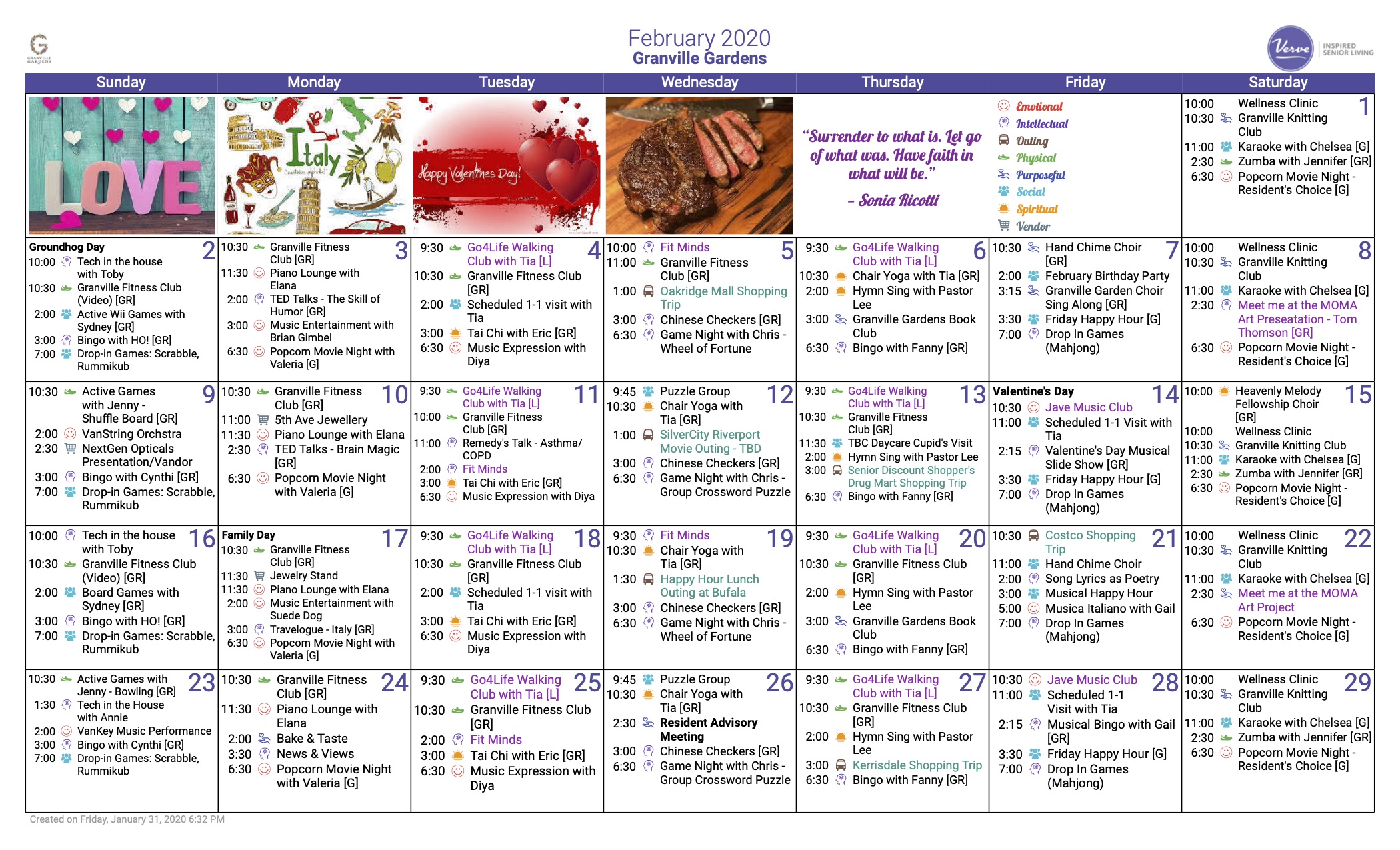 February 2020 activity calendar