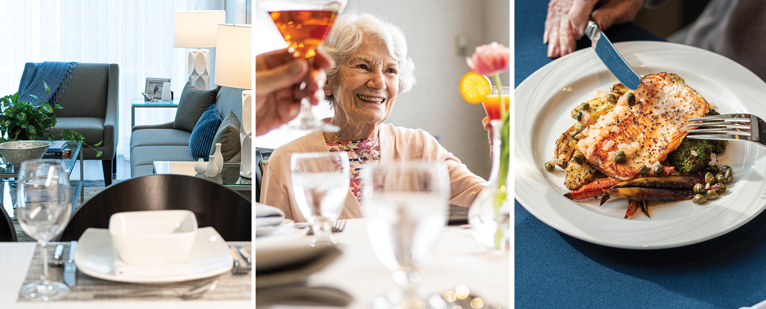 A happy and confident senior, raising a glass at Don Mills Retirement Residence