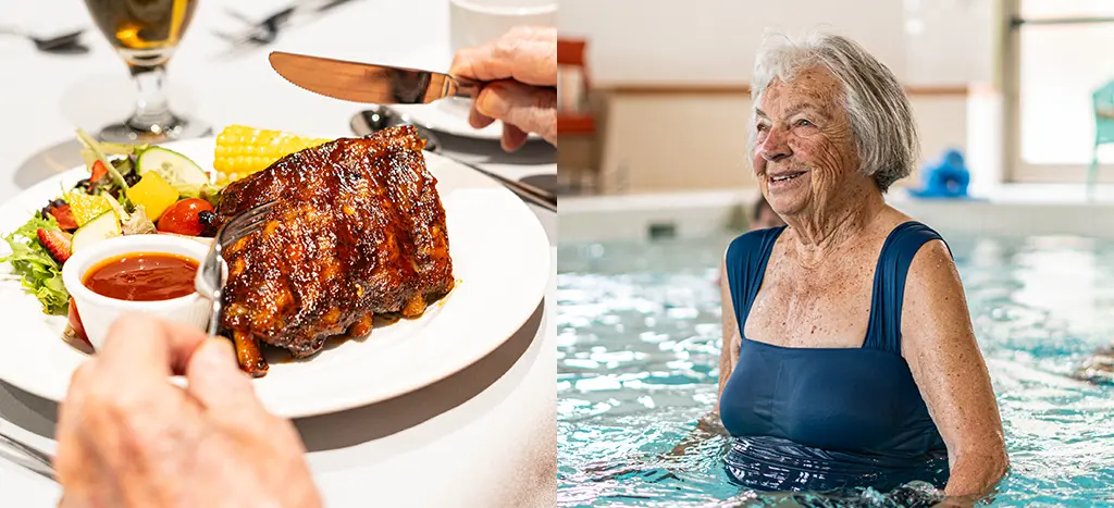 A plate of BBQ ribs and a photo of a smiling senior woman, doing daily exercise in a pool.