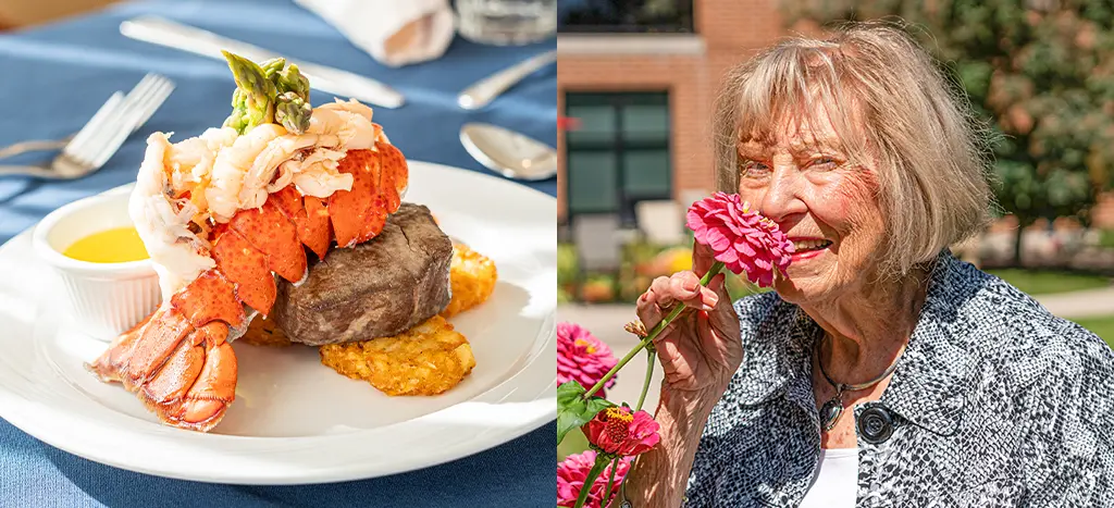 A photo of a beautifully plated lobster tail with steak and vegetables next to a photo of a happy senior woman smelling a flower