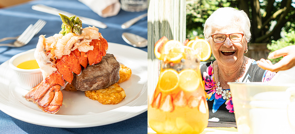 Delicious lobster dinner and smiling elderly woman