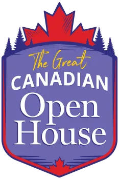 A purple shield with a red maple leaf and some pine trees sticking out of the top of it. The shield features the words "The Great Canadian Open House"