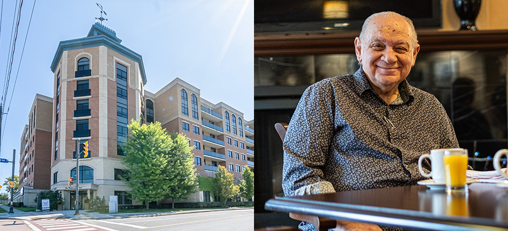 An image of the exterior of Roxborough Retirement Residence next to an image of a contented senior man